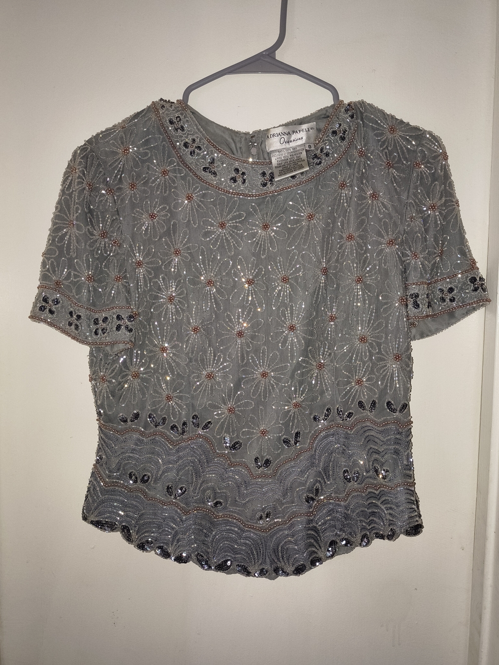 Adrianna Papell Beaded Light Blue Floral Mesh Top